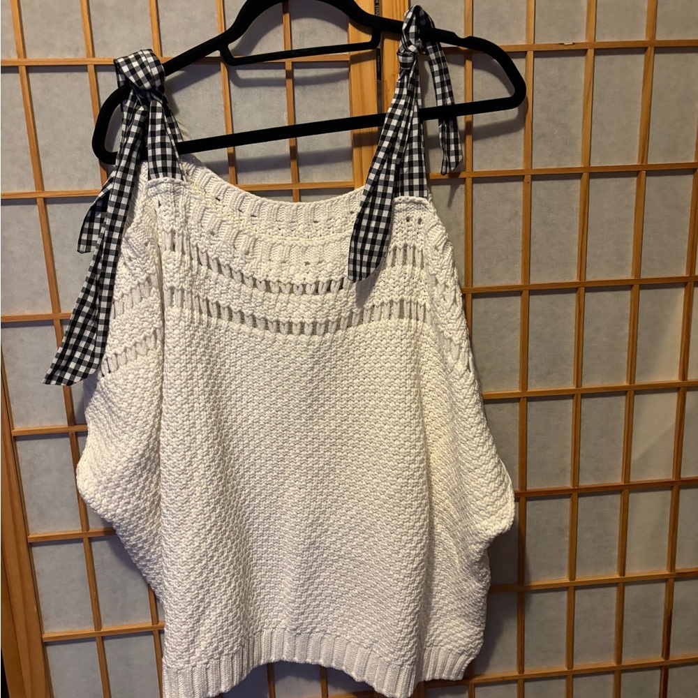 White Knit Top with Gingham Ties